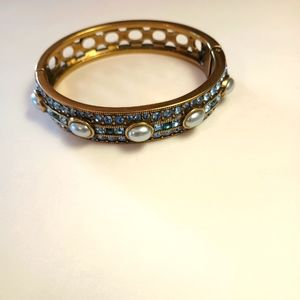 Heidi Daus Blue Crystal/Pearl Hinged Bangle Bracelet
